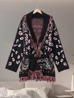 2026 Spring Tassel Knitted Jacquard Women's Cardigans Loose Patchwork V-neck Long Sleeve Thick Warm Sweater Lady New Knitwear - Image 3