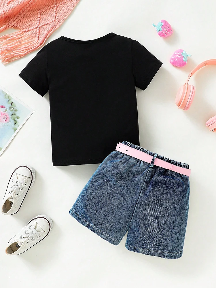 2PCS Baby Girl T-Shirt Short Sleveed Strawberry Printed with Short Jean and Pink Belt for 3M-3T Infant Baby Children Clothes Set