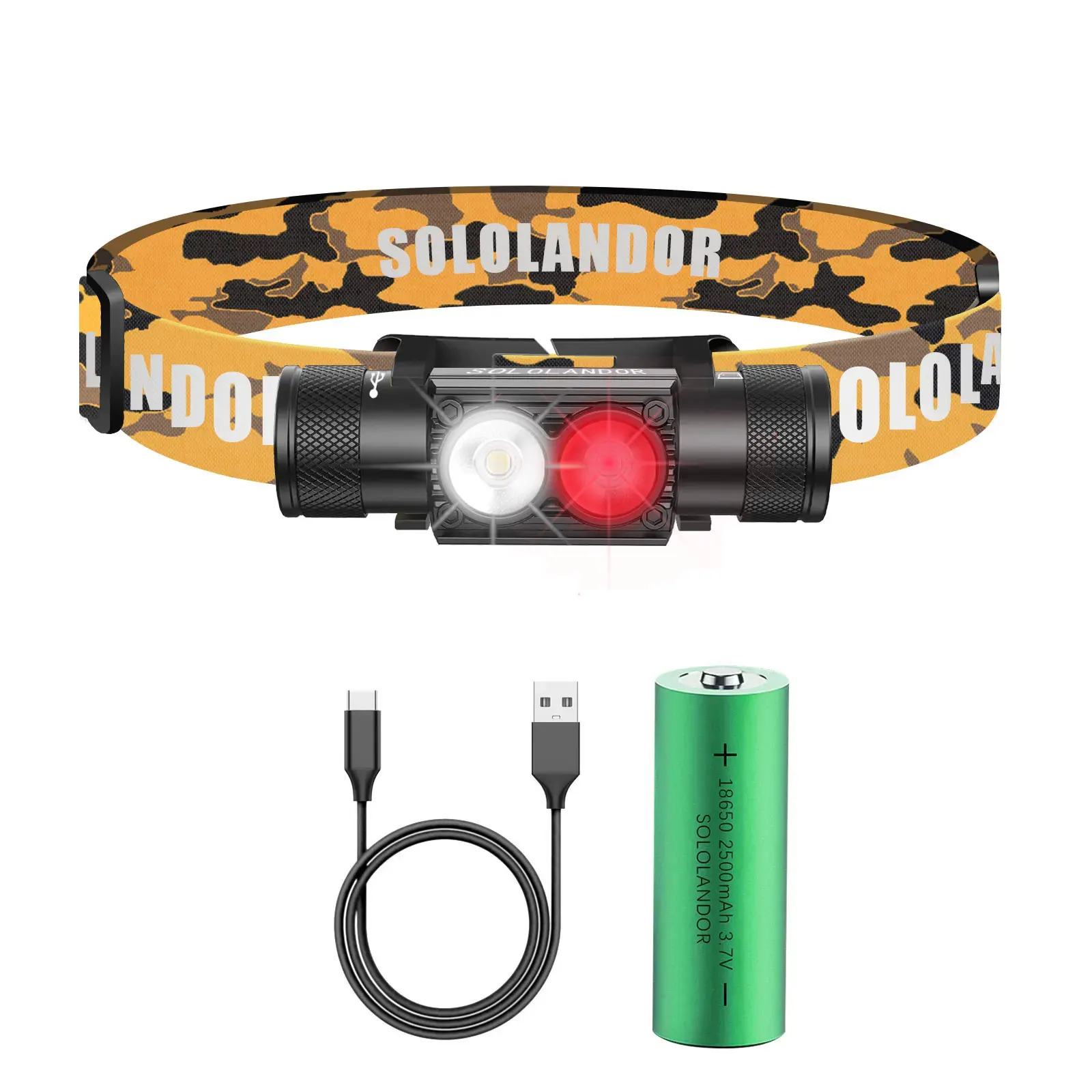 SOLOLANDOR أبيض أحمر LED المصابيح الأمامية في الهواء الطلق USB مصباح يدوي قابل لإعادة الشحن في الهواء الطلق رئيس ضوء مصباح الصيد فلاش الشعلة 1860 الخليط