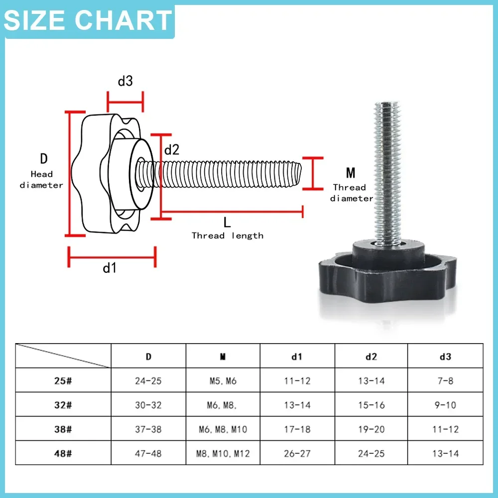 Hand Knob Screws Bolt kit M5 M6 M8 Plum Handle Six-star Glue Star Shape Head Thread Clamping Thumb Handle Machine Bolts Nut