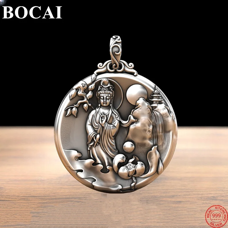 BOCAI S999 Sterling Silver Pendants for Women Men New Fashion Round Lotus Avalokitesvara Guardian Buddha Jewelry Wholesale