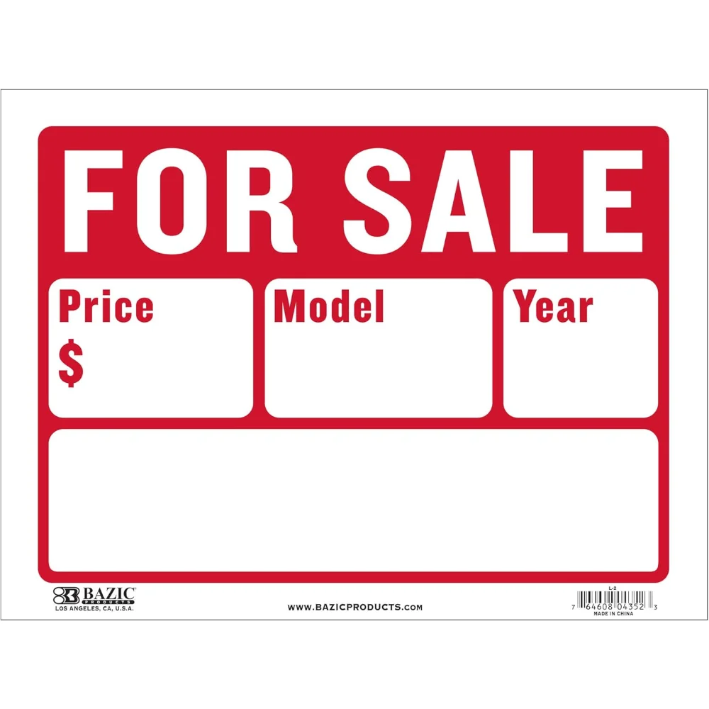 

For Sale Sign Car Auto Sales 12"X16", Model Year Phone Number, Cars Trucks Indoor Signage, High Visibility Signs, 360-Packs