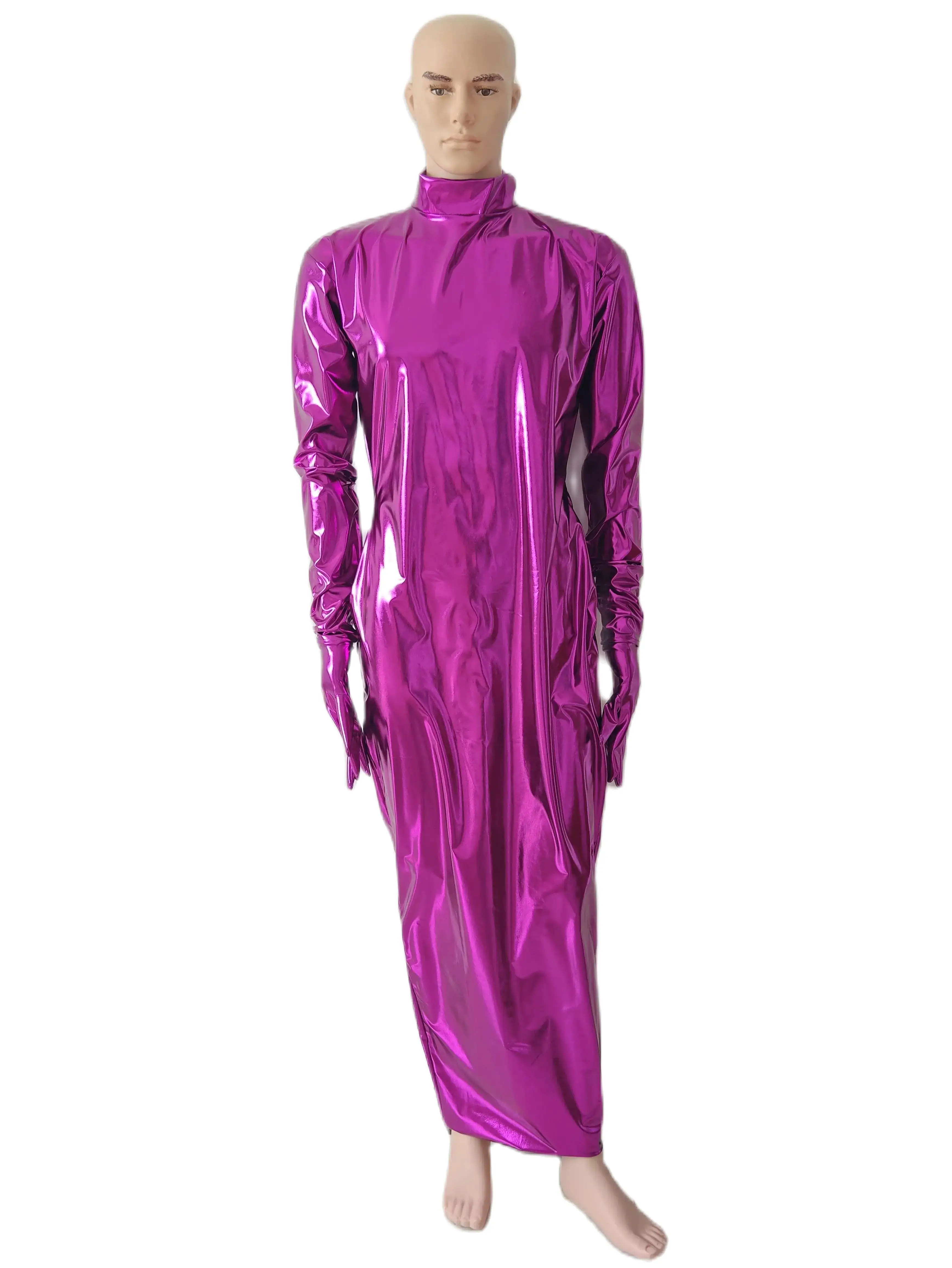 Purple Shiny metallic Girls Wrap Dress For Party Club Body Bags Skirt Women's Long Dresses Skirts Can Removable Glove