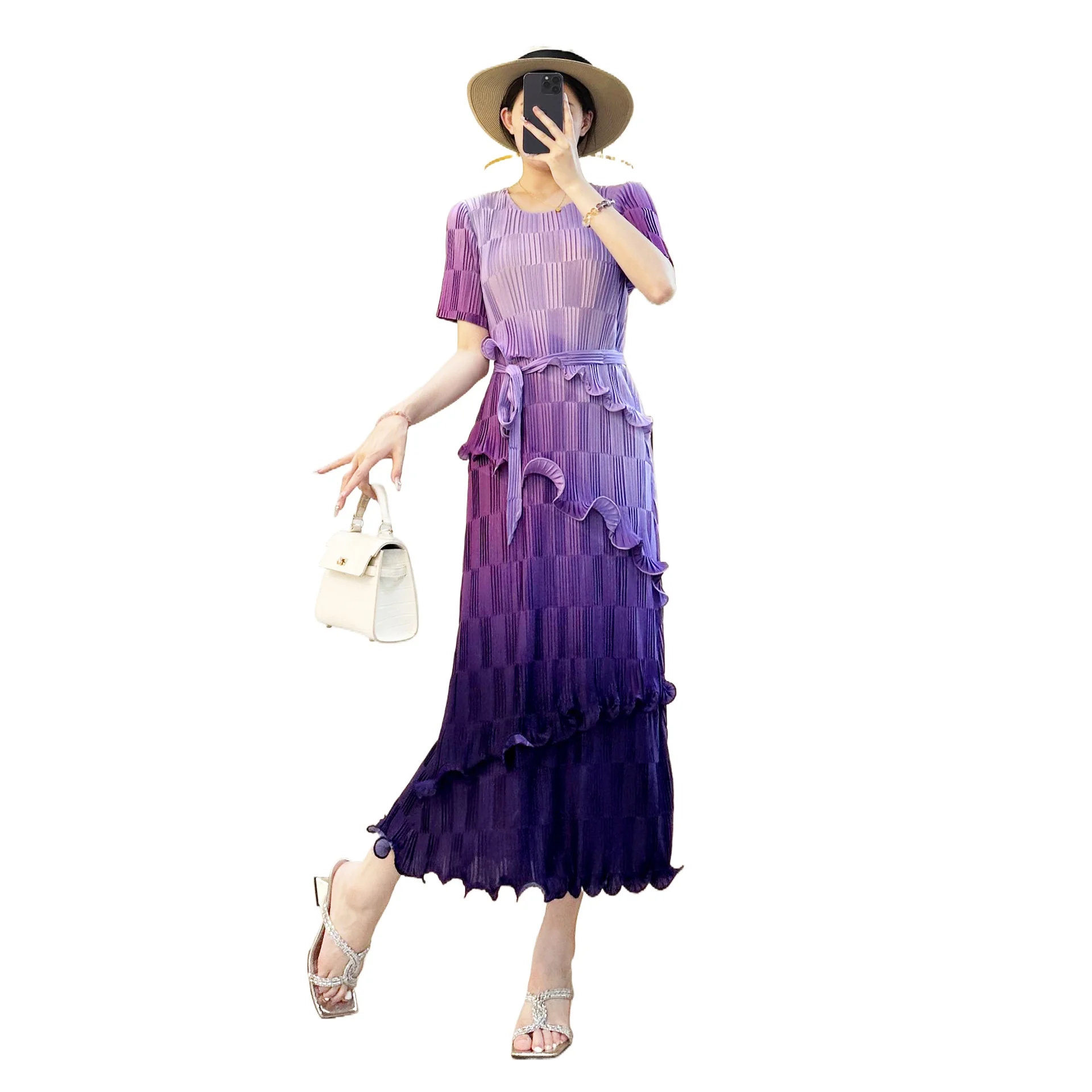 

Miyake Grey Gradient Printting Pleated Women's Dress Summer Chic New O-neck Bandage Waist Design Short Sleeve Clothing