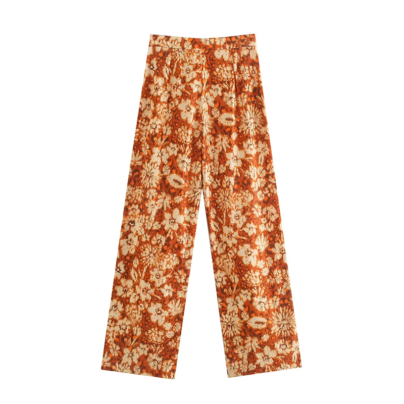 SIYANG Vintage Print Zip Fly Straight Pants Women Fashion Side Pockets Trousers Ladies Chic Pants