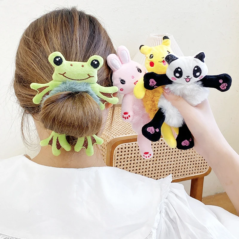 

Hair Tie For Kids Elastic Hair Rubber Child Head Accessories Cartoon Plush Frog Rabbit Cat Stuffed Animal Scrunchie Wholesale