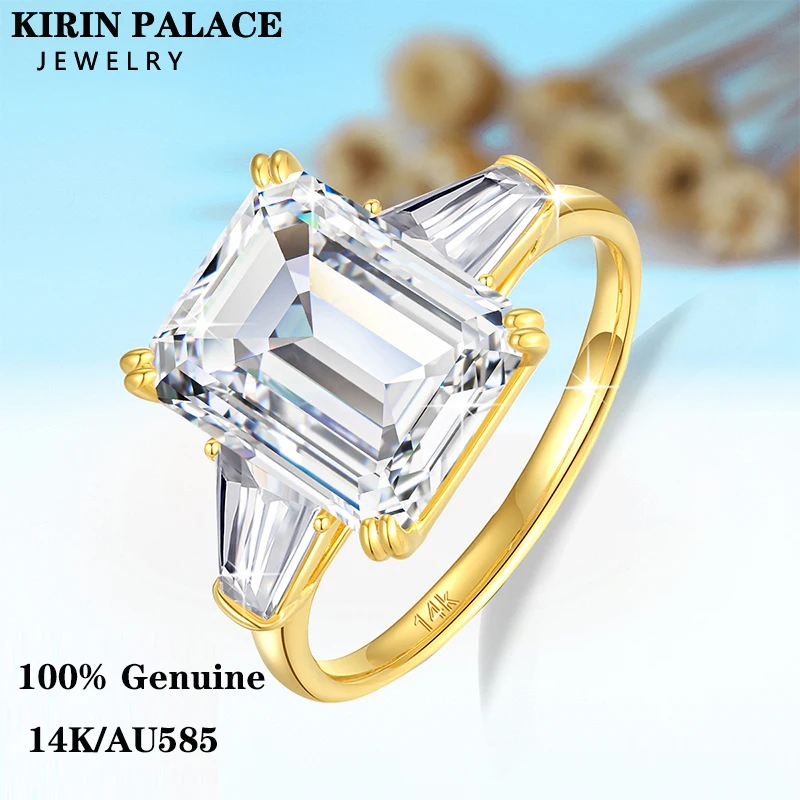 AU585 Luxury Emerald Cut 8*10mm 4CT Moissanite Ring for Women Solid 14K Yellow Gold Ring Engegament Wedding Band Fine Party