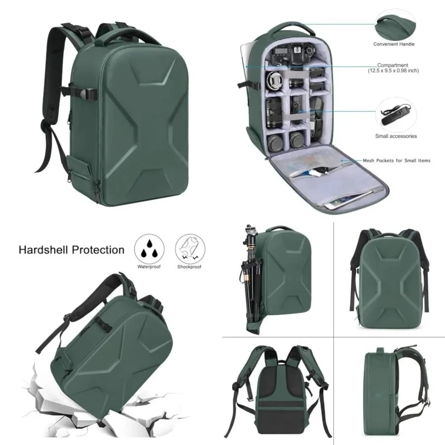

Camera Backpack,DSLR/SLR/Mirrorless Photography Camera Bag Full Open Waterproof Hardshell Bag with Insert&Tripod Holder&Laptop Compartment Compatible with Canon/Nikon/Sony, Emerald Green