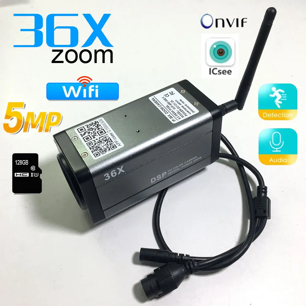 

5MP WIFI 36X Zoom Auto Focus HD Wireless PTZ IP Box Camera Audio H.265 Security Cameras Support TF Card / ONVIF iCsee APP xmeye