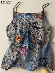 ZANZEA damska Vintage, w kwiaty nadrukowana koszulki bokserki lato artystyczna plaża Camis Casual Spaghetti pasek wakacyjna bluzka Retro bluza