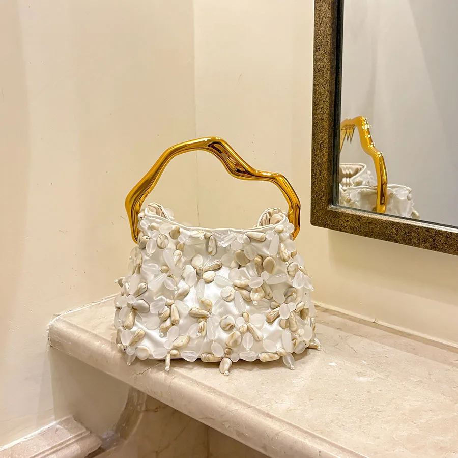 Stone Beading Design Evening Bag For Women American Fashionable Elegant Vacation Style Female Irregular Handle Bucket Handbags