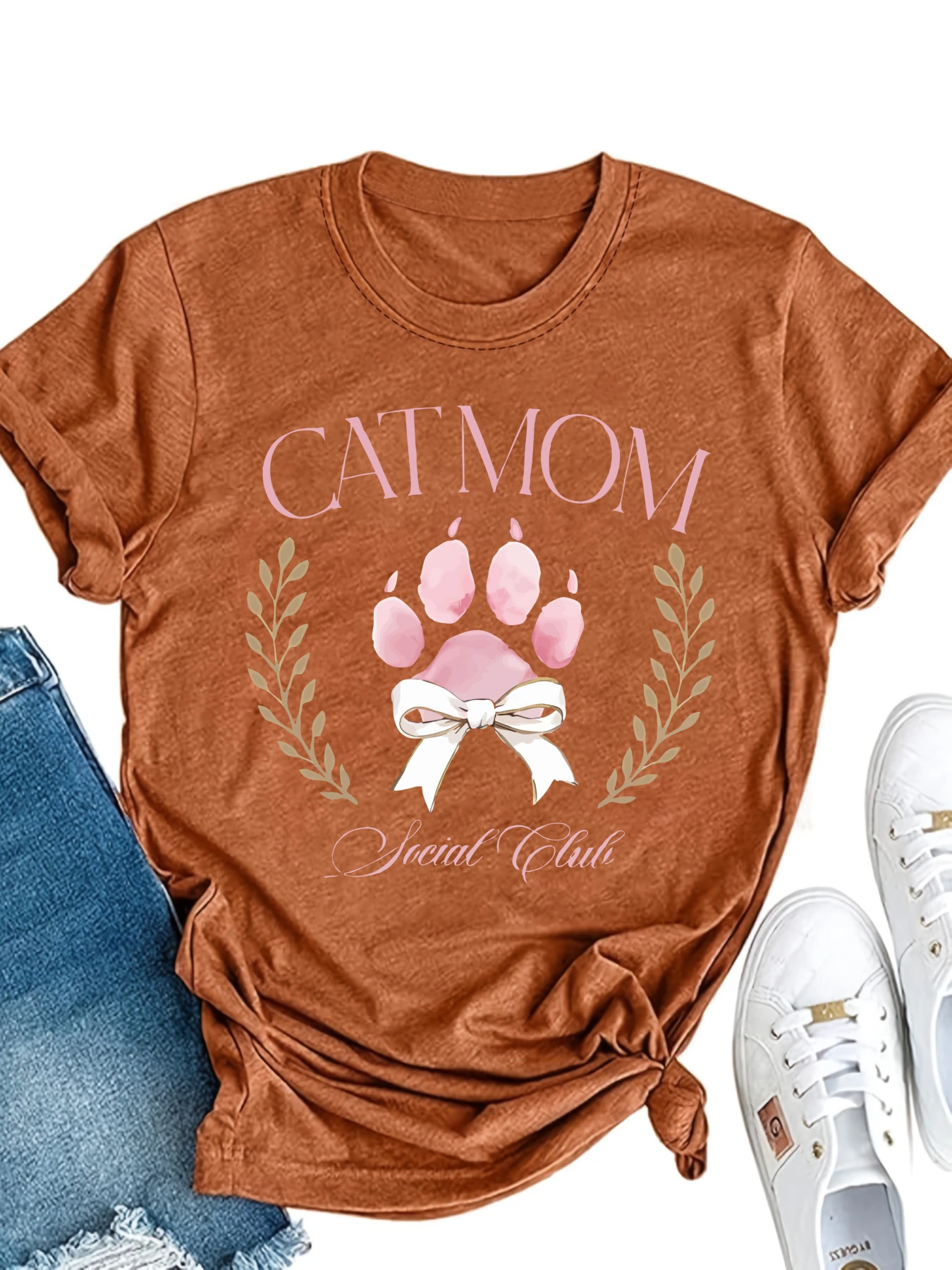 

Plus size women's short sleeve T-shirt Cat Mom Paw Bow Laurel Spring and Summer Essentials summer outfit women's clothing