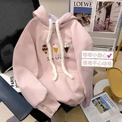 Pink Cartoon Embroidered Hooded Sweatshirt for Women Autumn Winter New Style Velvet Thickened Outer Wear Loose Warm Top Jacket