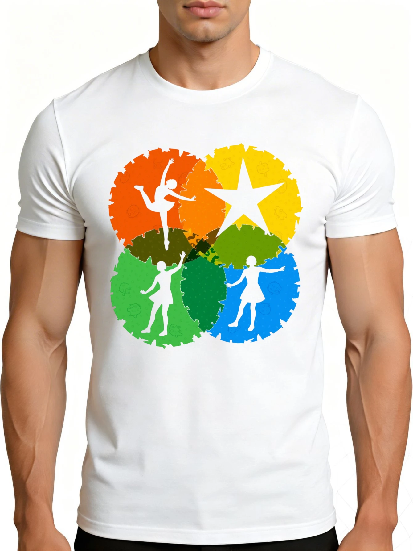 Men's Graphic T-Shirt - Breathable, Soft, Lightweight - Colorful Circles with Dancers and Stars - Vintage Fun Pattern Casual Short Sleeve Summer Top, Gift for Him