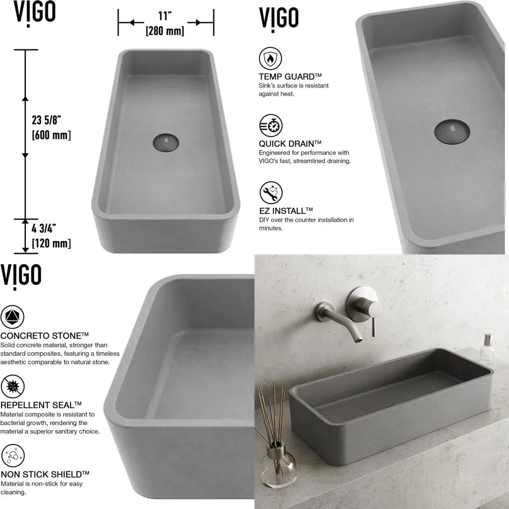 24 x 11 x 5 Gray Concrete Rectangular Over-the-Counter Bathroom Sink