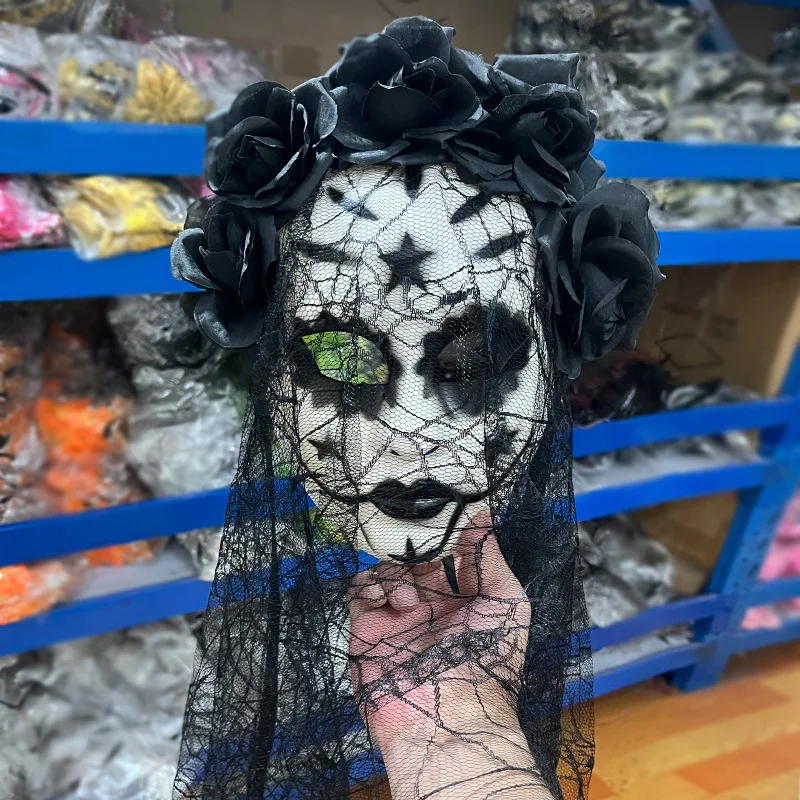 Ghost Bride Full Face Women Masquerade Mask Lace Roses Hair Halloween Scary Funny Cosplay Venetian Party Carnival Prom Ball 2025