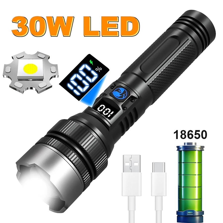 

High Strong Power Led Flashlights 300000LM Tactical Torch with Display Light USB Charging Camping Fishing Defensa Zoom Lantern