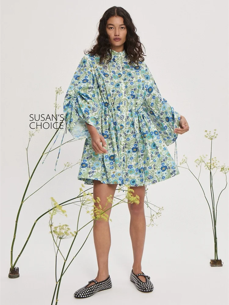 فستان سوزان القطني العضوي بطبعة زهور مع رباط خصر قصير باللون الأزرق لفصل الربيع والصيف، فستان نسائي بأسلوب أنيق على شكل خط A.
