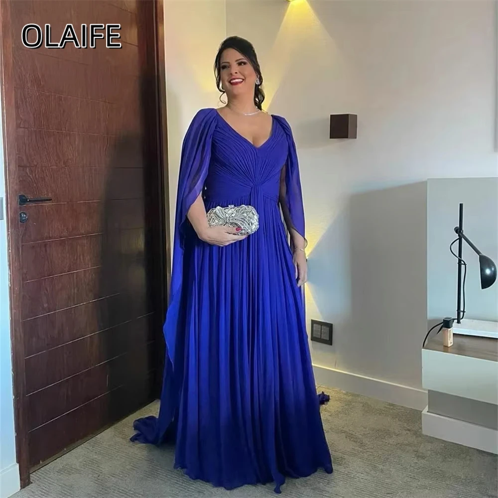 Olaife Chiffon V Neck Cape Long Sleeve Floor Length Draped Evening Dresses Formal Prom Dress A-Line robes de soirée