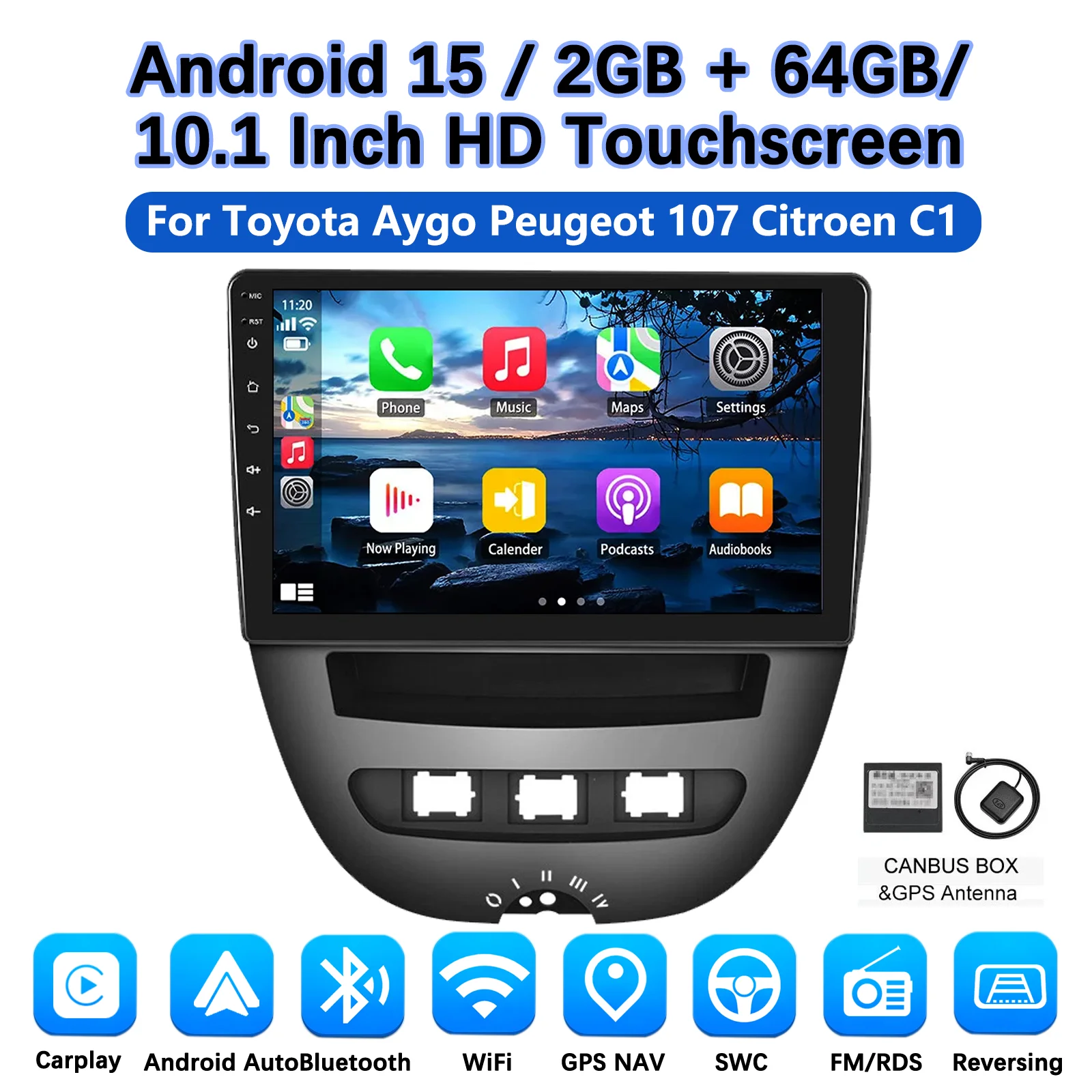 MOPECT 10'' Draadloze CarPlay Autoradio voor Toyota Aygo 2004-2014/PEUGEOT 107/Citroen C1 Android GPS Autoradio FM AM BT DAB+ DVR