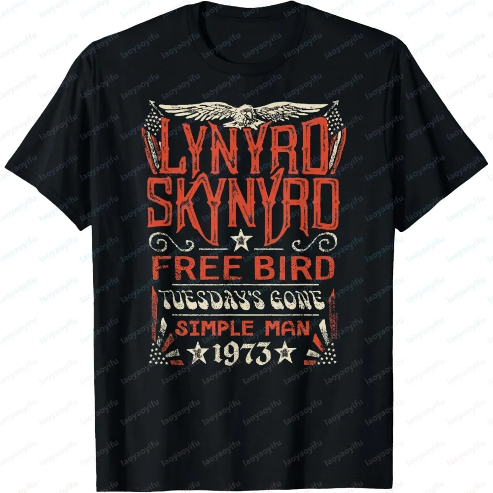 Summer Fashion Men Round-neck Printed Shirt Lynyrd Skynyrd Free Bird Simple Man Vintage Rock Band Print Soft Cotton Casual Shirt