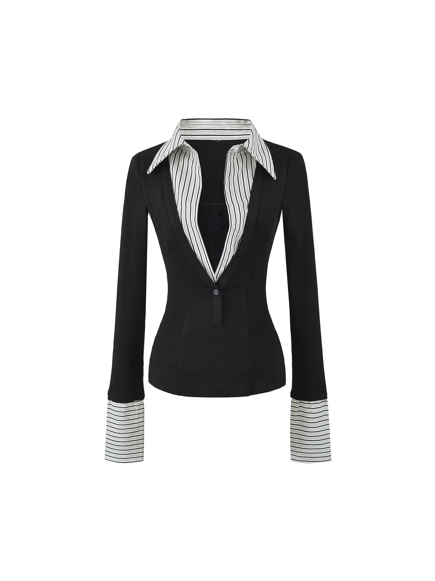 omen's Black T-shirt Striped Patchwork Lapel Slim Fit Tee Top Fake Two-piece Aesthetic Vintage Y2K Gyaru T-shirt for Women 2026