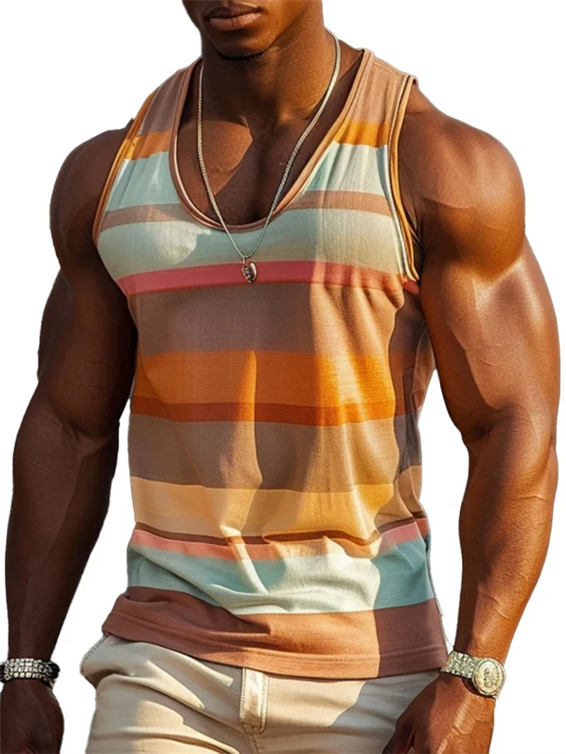 Retro Stripe Graphic Tank Tops For Men Fashion Casual Summer Sleeveless 3D Printed Vest Loose Crew Neck Quick Dry Sports Tees image 3