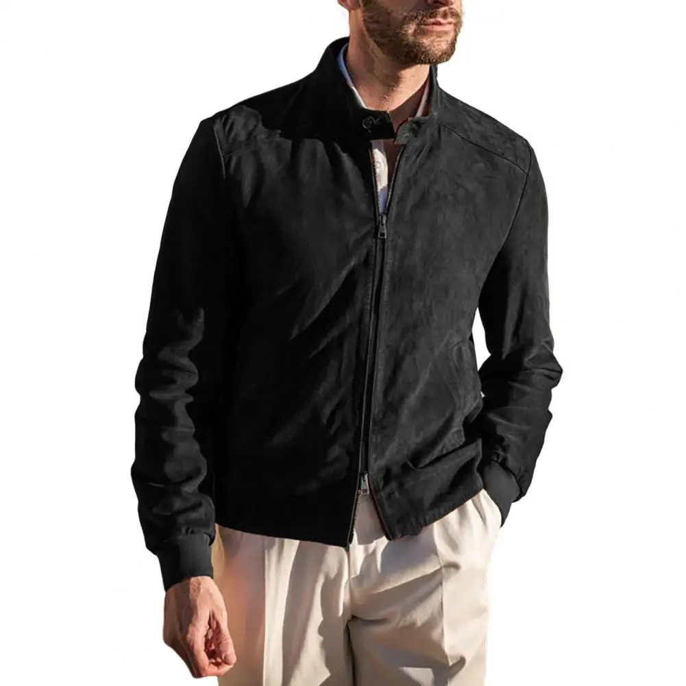 

Men Suede Coat Stylish Suede Jacket with Stand Collar Double-ended Zipper Pockets Slim Fit Outerwear