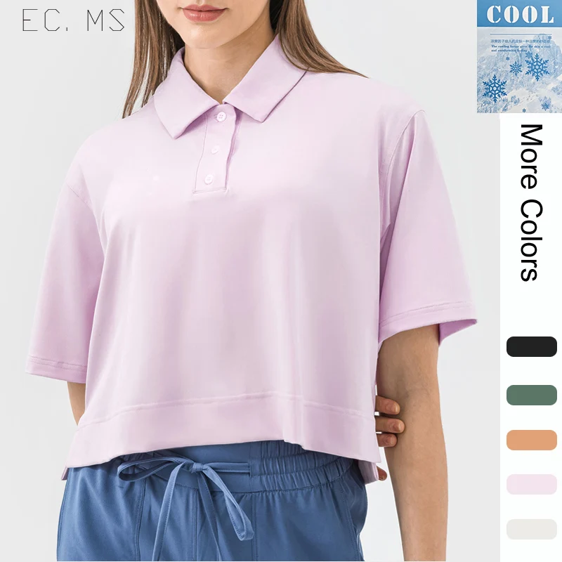 

Women Sport Top Lapel Collar Short Sleeves Crop Length Comfortable Quick Dry Cool Summer Active Exercise Running Polo Shirt