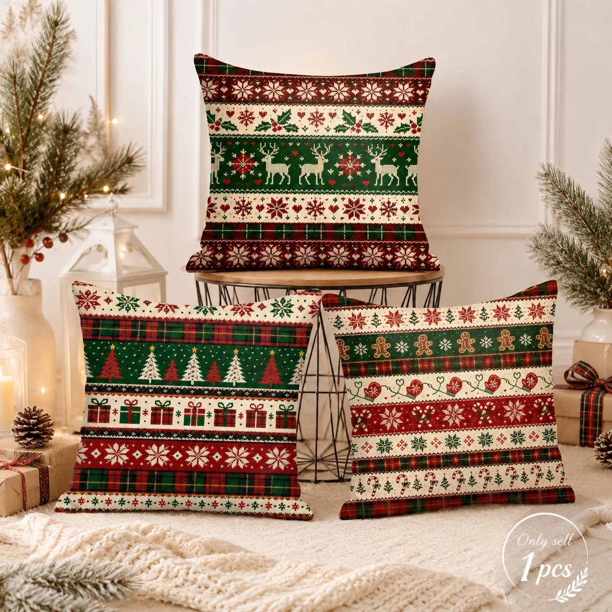 Classic Nordic Christmas Knit Designs Cushion Cover Silky Short Plush Invisible Zipper Dustproof Sofa Pillow Case For Home Decor