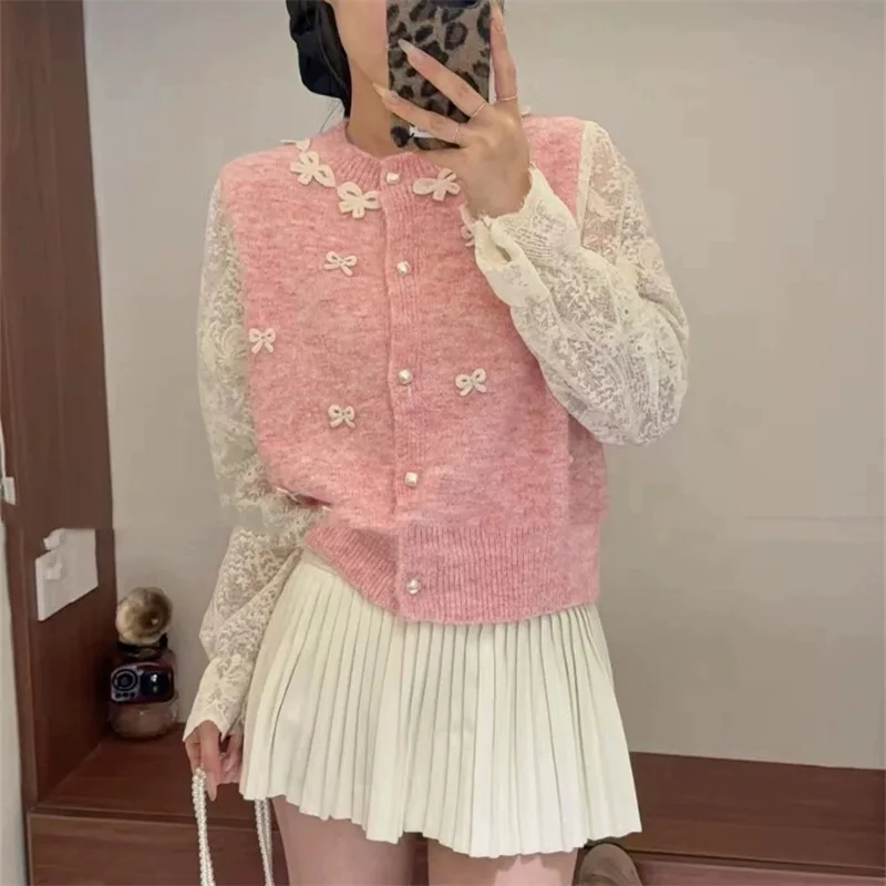 

2025 Autumn New Sweet and Fresh Sweater Lace Sleeve Splicing Bow Long Sleeve Knitted Cardigan Women's Wear