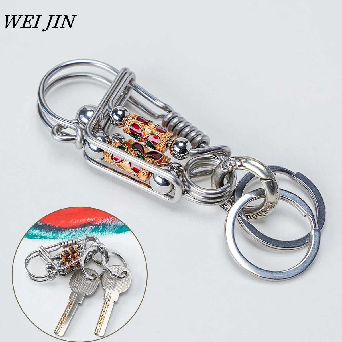 Stainless Steel Keyring , Handmade Mechanical  Style , 2 Layers Steel Wire Blue Car Men Keychains ,Outdoor Hook Buckle Trinket