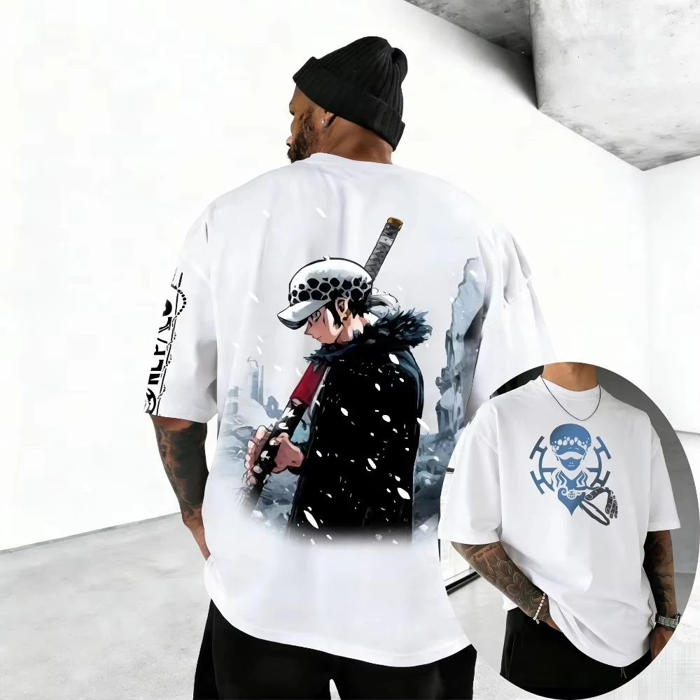 One Piece Trafalgar D. Water Law Unisex Pure Cotton T-shirt 2026 Summer Anime Print Loose Casual Parent-child Short Sleeved Top