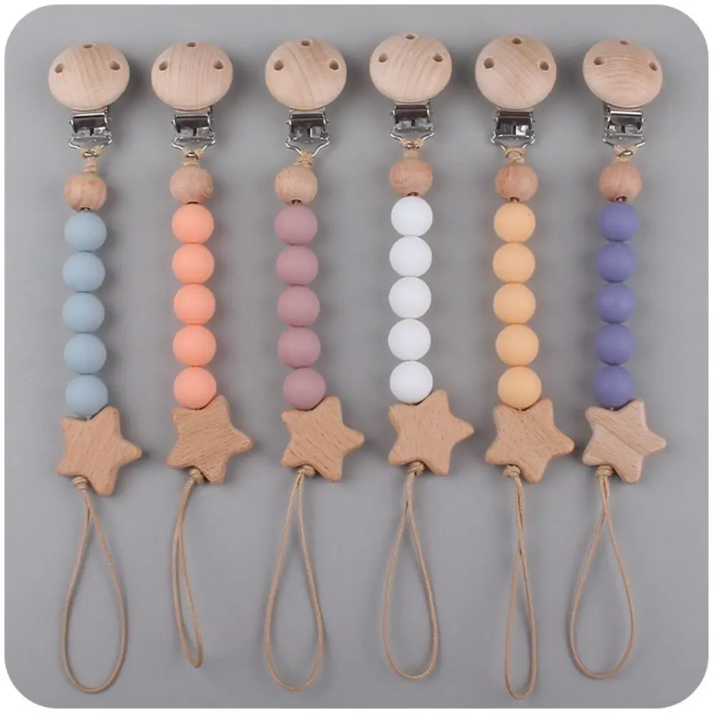 

Dummy Clips Pacifier Holder Clips Star Soother Holder Baby Pacifier Chain Nipple Holder Clips Wood Baby Teether Toys Straps