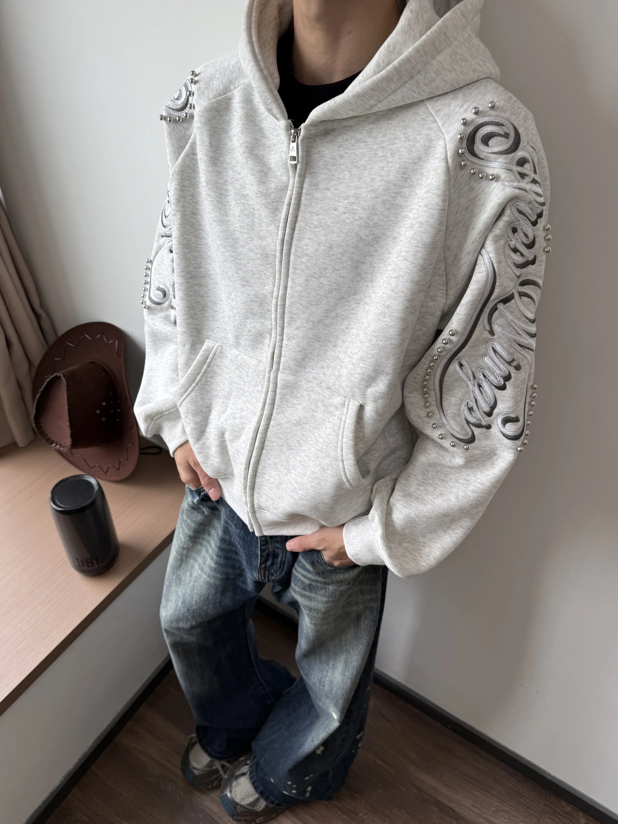

American Street Heavy Duty Embroidery Zipper Hoodie Cardigan Men Women Spring Autumn Trendy Brand Casual Loose Fit Polyester ...