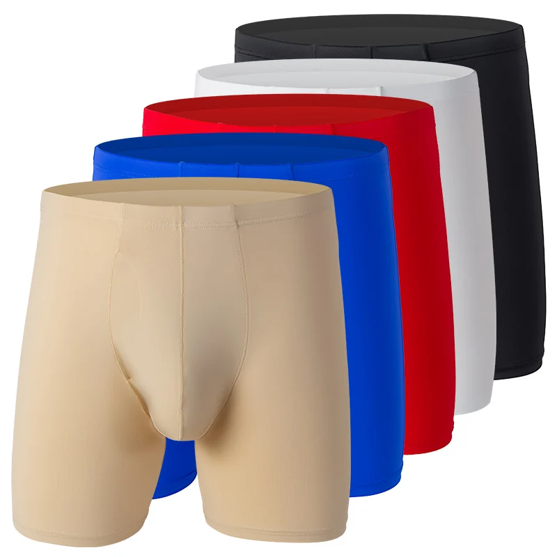 Mens Underwear Boxers Shorts Hombre Slim Ice Silk Panties Man Solid U Convex Pouch Middle Long Leg Underpants Cueca Calzoncillo