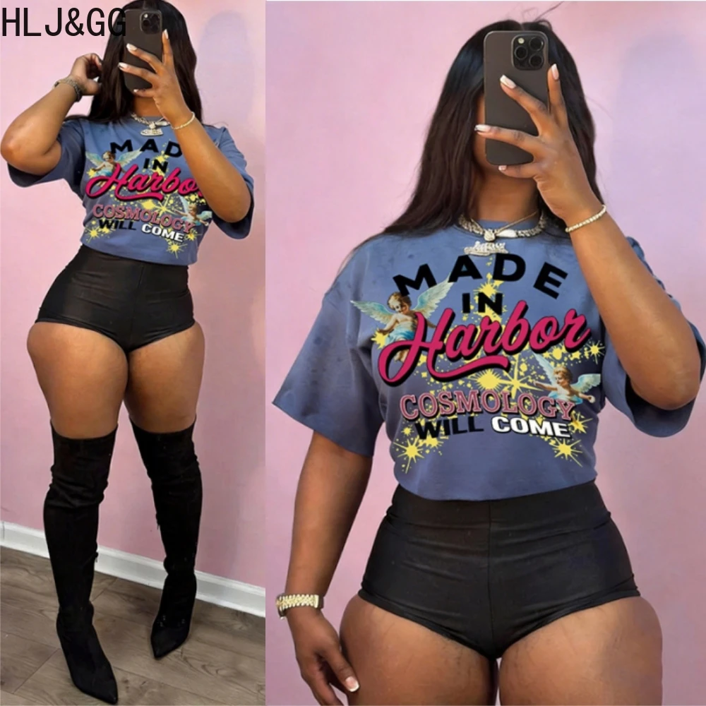 

HLJ&GG Blue Trend Y2K Letter Pattern Print Tshirts Two Piece Sets Women Round Neck Top + Shorts Outfits Fashion 2pcs Streetwear