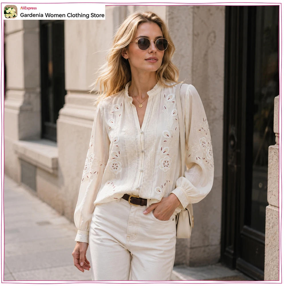 New in Fashion Women Embroidered Organza Shirts Elegant V-neckline Buttoned Shirts Fabulous Long Sleeve High Collar Women Shirts