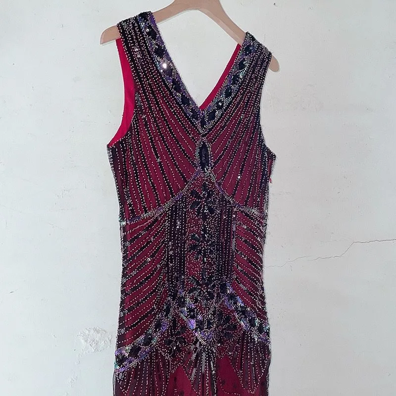 French Style Retro Sequined Beaded Fringed Party Vintage Banquet Party Temperament Slim Fit V-neck Sleeveless Long Dress