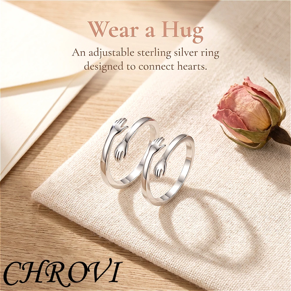 Anillo de pareja simple de plata de ley 925 con diseño de abrazo de amor y anillo abierto para el dedo anular - conjunto de joyería simple para hombre y mujer