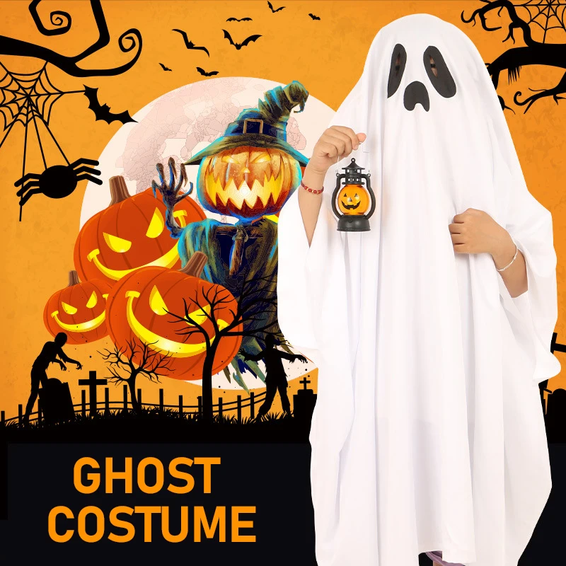 Halloween Horror Ghost Cosplay Costume Fright Ghost Smiley Face Black Eye Cloak Adult Children Performance Cosplay Kids Costume