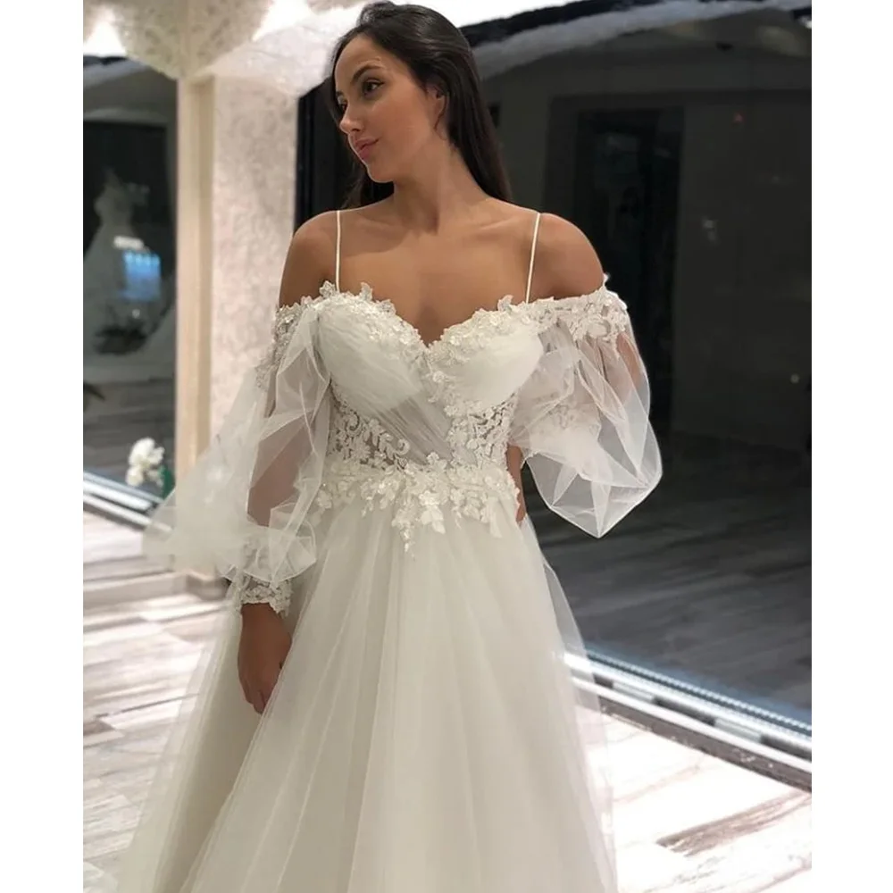 A-line Beach Wedding Dress Long Puff Sleeve Lace Bridal Gown Custom Made Princess Wedding Party Gowns Boho Plus Size