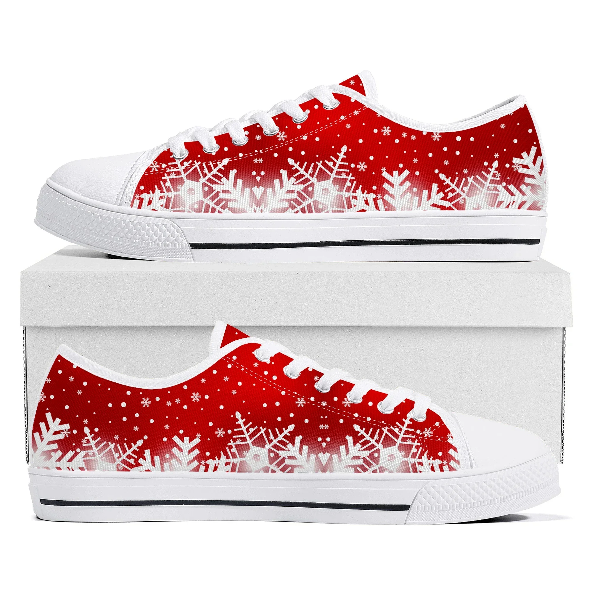 

White Snowflake Red Christmas Low Top Sneakers Mens Womens Teenager Canvas High Quality Sneaker Couple Shoes Custom White Shoe