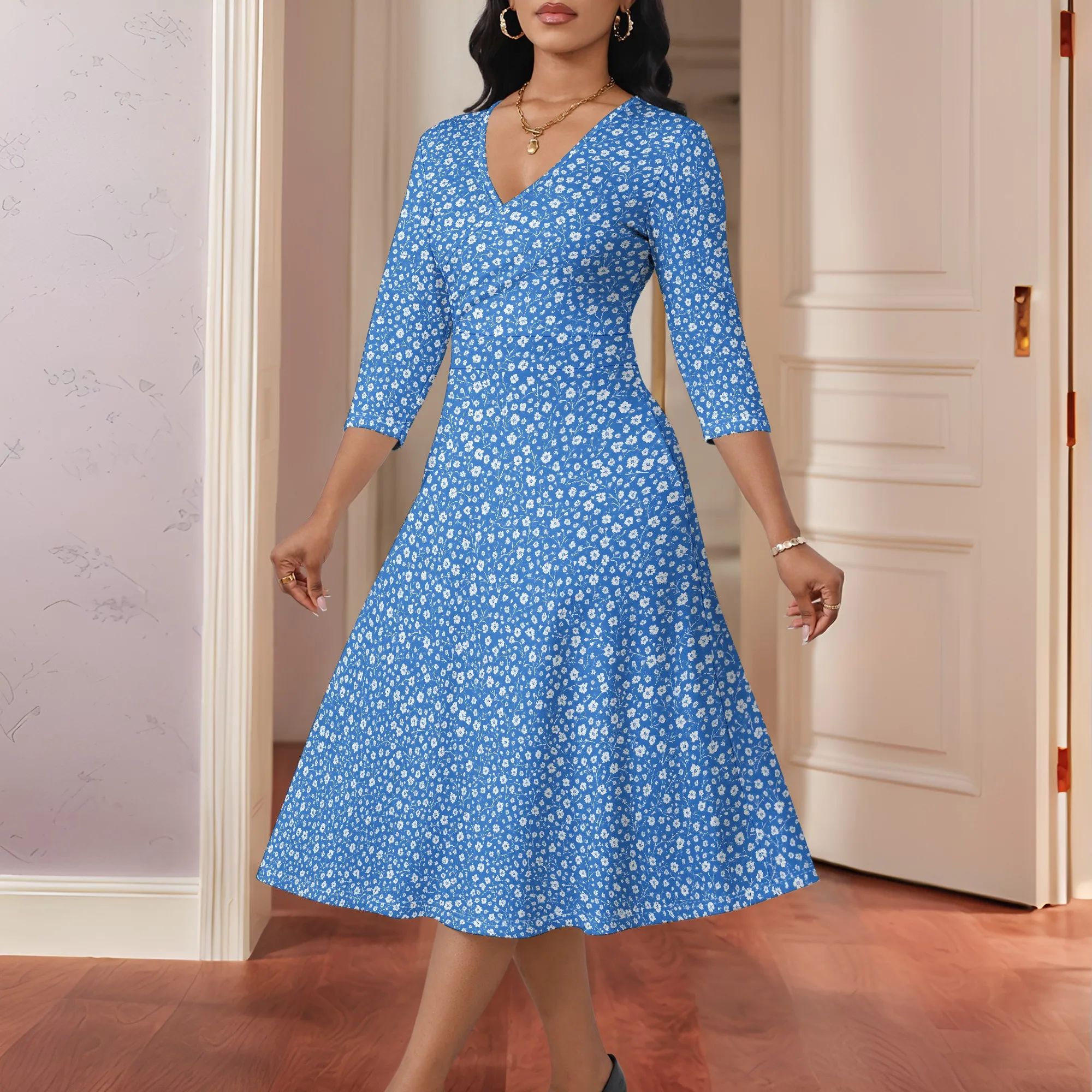 Vestido midi informal de cintura alta con cuello en V y manga 3/4 para mujer, vestido bohemio de moda fluido con estampado, vestido veraniego para invitados de boda