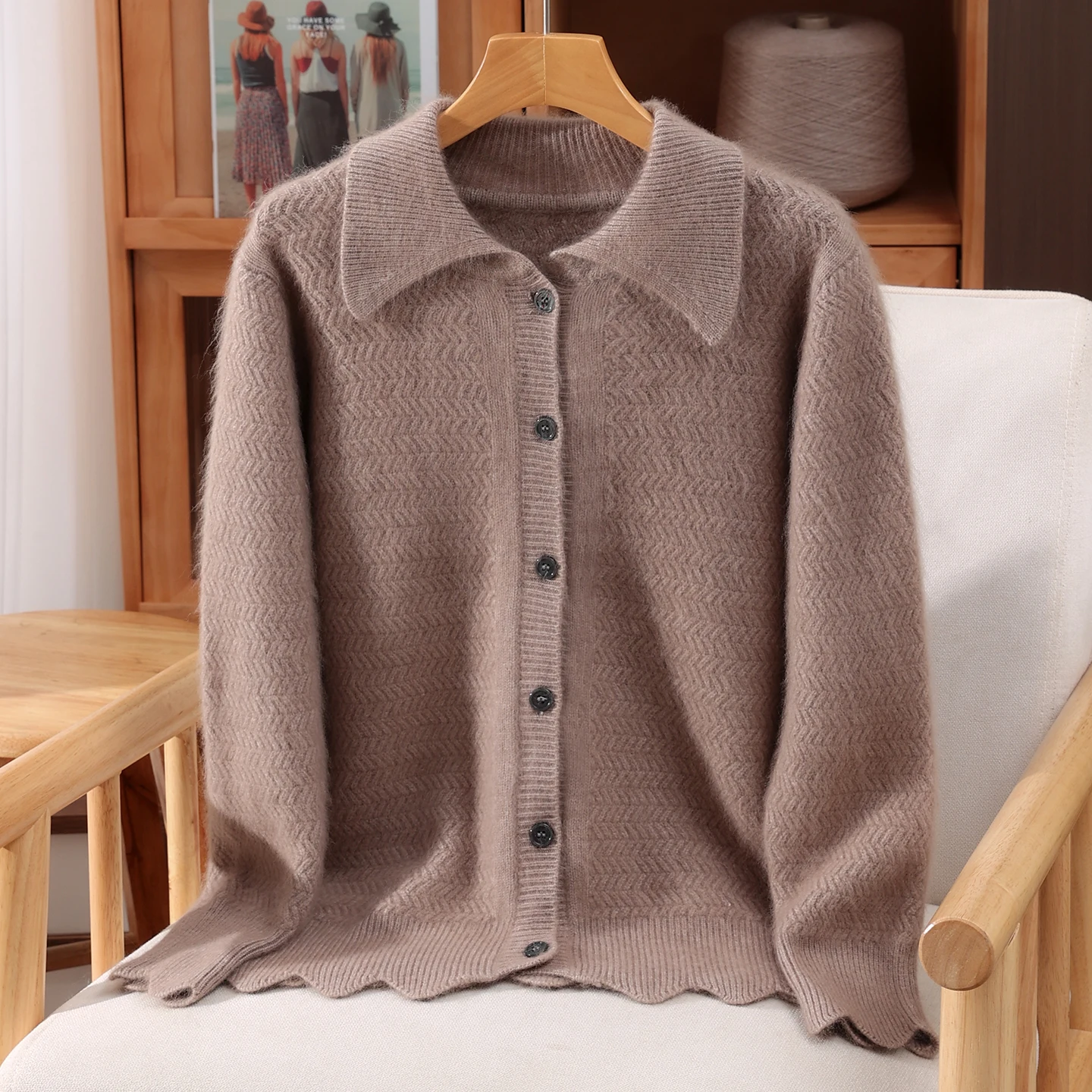 Button Down Autumn Winter 100% Mink Cashmere Women Sweater Herringbone Knit Cardigan Long Sleeve Warm Soft Wool Daily Wear Tops