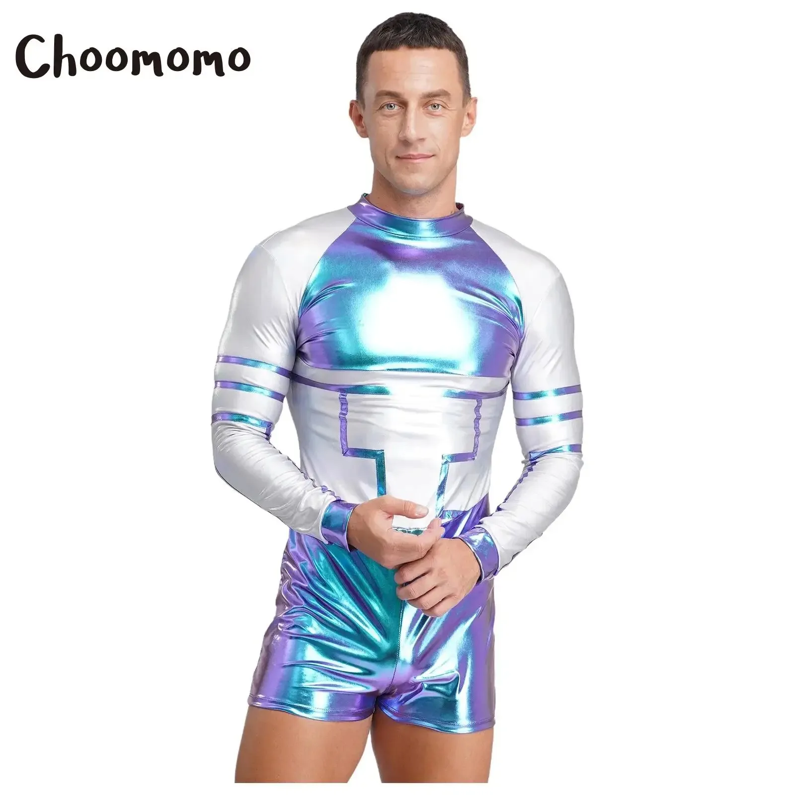 

Men Metallic Shiny Outer Space Cosplay Jumpsuit Long Sleeve Astronaut Robot Leotard Bodysuit for Halloween Alien Fancy Dress Up
