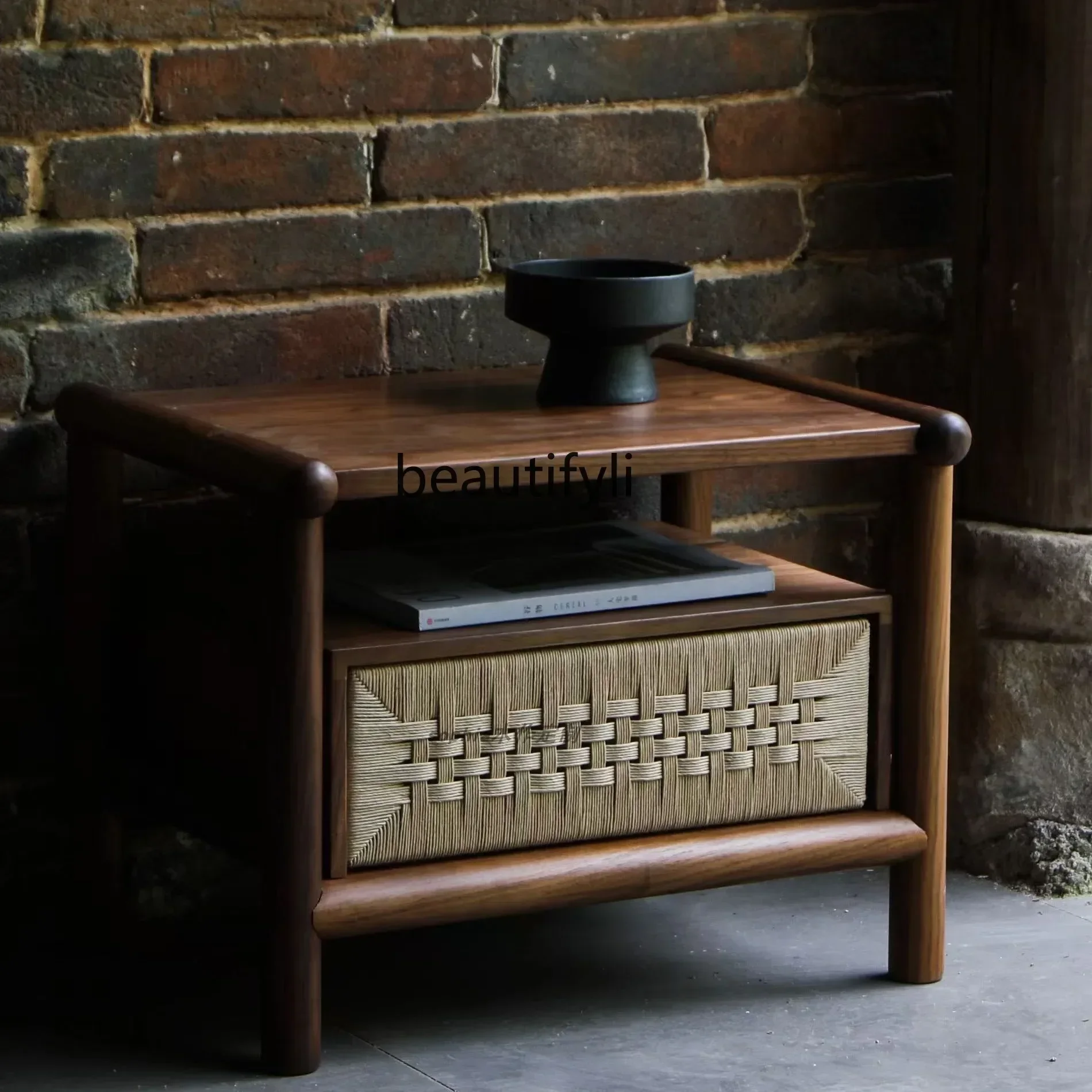 

54New Chinese retro style black walnut bedside table Nordic Japanese style, bedside table wabi sandy wind bedroom furnitureSSS