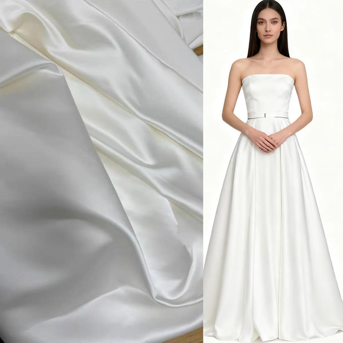 

White stiff shiny satin thick fabric sewn wedding dress, evening gown, suit jacket designer fabric