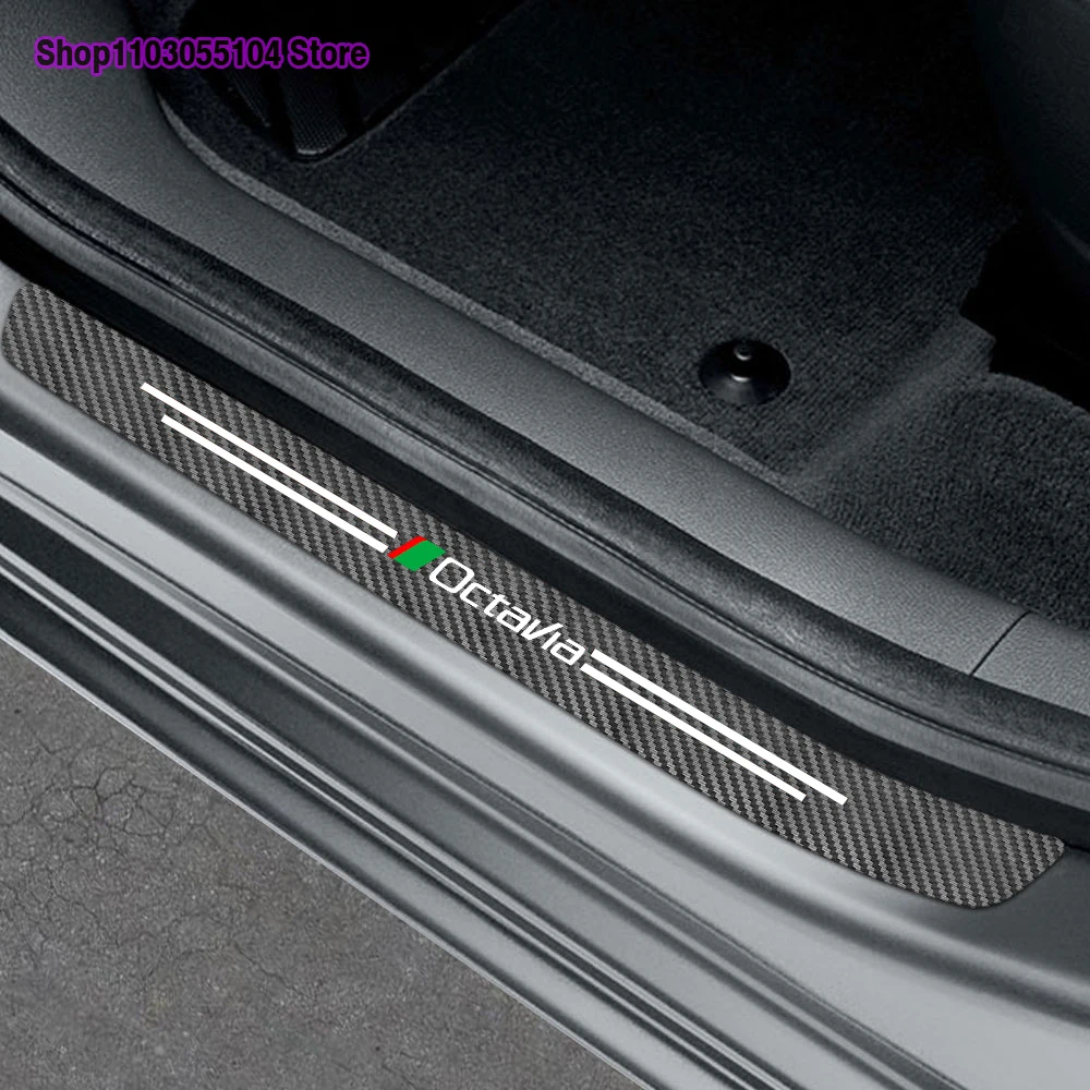 4pcs Carbon Fiber Car Door Sill Sticker For Skoda Kamiq Octavia Kodiaq Rapid Superb Fabia Karoq Scala MK1 MK2 MK3 RS