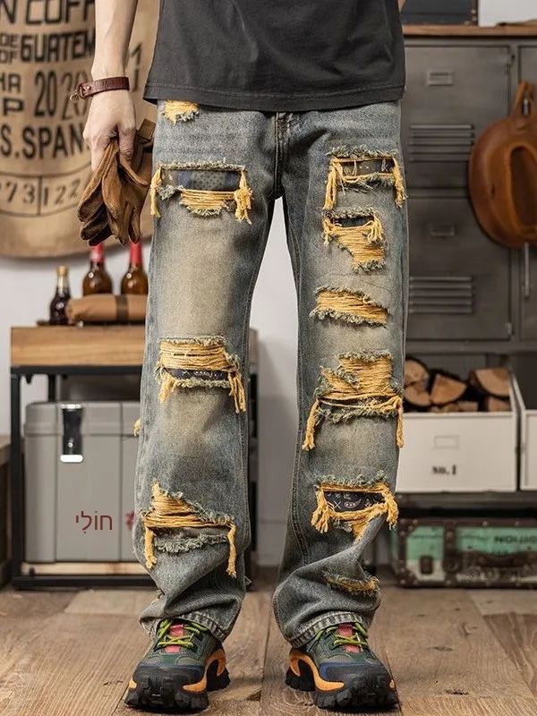 Retro American Style Men's Jeans High Street Trend Patchwork Worn out Wide Leg Casual Pants Straight Tube Loose Fit Jeans